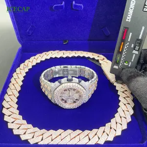 Fashion New Design VVS Moissanite Diamond Watch Round Shape Ice Out Jewelry 41mm Moissanite Watch Cuabn Chain Sets