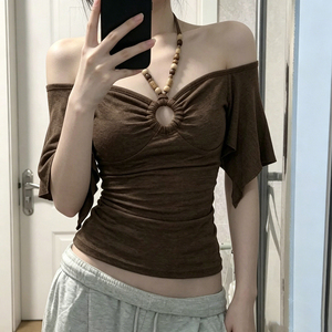Blouse décontractée d'été pour femme, style Y2K, épaules dénudées, manches évasées irrégulières, en tricot respirant, streetwear - Product Image 2