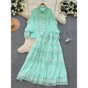 Элегантный комплект из 2-х предметов, Женская Осенняя блузка в стиле французского двора, свободная блузка с длинными рукавами, расклешенная юбка миди с высокой талией - Product Image 2