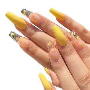 Long French Detachable Colorful False Nails Yellow Butterfly Pattern Square Nail Decal Press On Nail Tips 24Pcs/Box