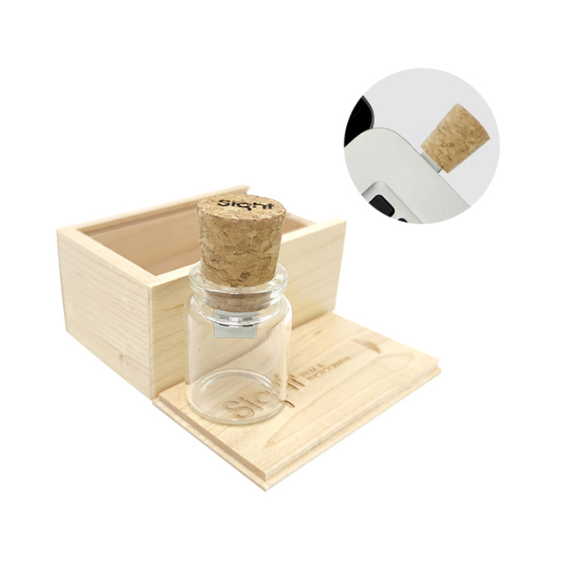 Custom Logo Glass Drift Bottle USB Flash Drive 8GB 16GB 32GB Cork USB Stick with Wooden Box Wedding Gift Corporate Giveaway