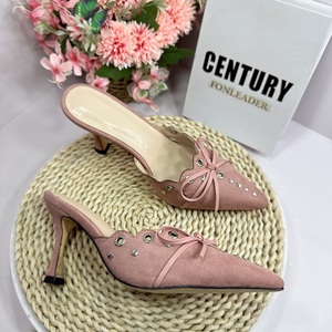 Sandalias de tacón alto con punta y lazo de gamuza sintética para mujer, estilo nuevo 2025, mules y slides. - Product Image 1
