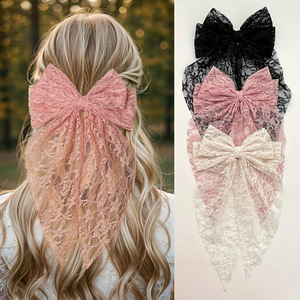 Barrettes à <span class=keywords><strong>cheveux</strong></span> élégantes en dentelle avec grand nœud, pinces à <span class=keywords><strong>cheveux</strong></span> à long ruban, pinces à <span class=keywords><strong>queue</strong></span> <span class=keywords><strong>de</strong></span> <span class=keywords><strong>cheval</strong></span> mignonnes et douces pour femmes, accessoires capillaires en gros - Product Image 1