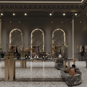 Custom Clothing Store Display Furniture Marble Island Counter Arched Garment Rack Boutique Interior Turnkey Fit-out - Product Image 1