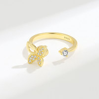 Fileté ciel papillon plein cristal strass bague en laiton placage couleur or ouverture réglable pièce à main Simple Design japonais