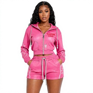 Custom Logo <b>Women</b> 2 Piece Hoodie & <b>Shorts</b> <b>Set</b> <b>Women</b> Athleisure Tracksuit Zip Hoodie and High Waist <b>Shorts</b> 2 Piece <b>Set</b> - Product Image 1