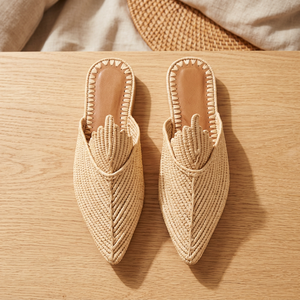 Mules à bout pointu en raphia, rayées, avec décoration de perles, respirantes, toutes saisons, doublure en cuir véritable, semelle intermédiaire en cuir véritable - Product Image 2