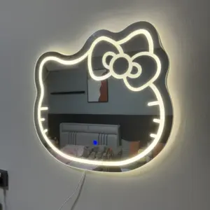 LED Light Touch Switch Espelho Do Banheiro Irregular Espelhos Decorativos Wall Mounted Olá Gato Rosa Forma Kitty Led Espelho