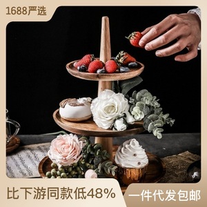 Wooden Three Tiered Dessert <b>Tray</b> Round Nordic Style Serving Platter For Home Use Cake Fruit Display - Product Image 3