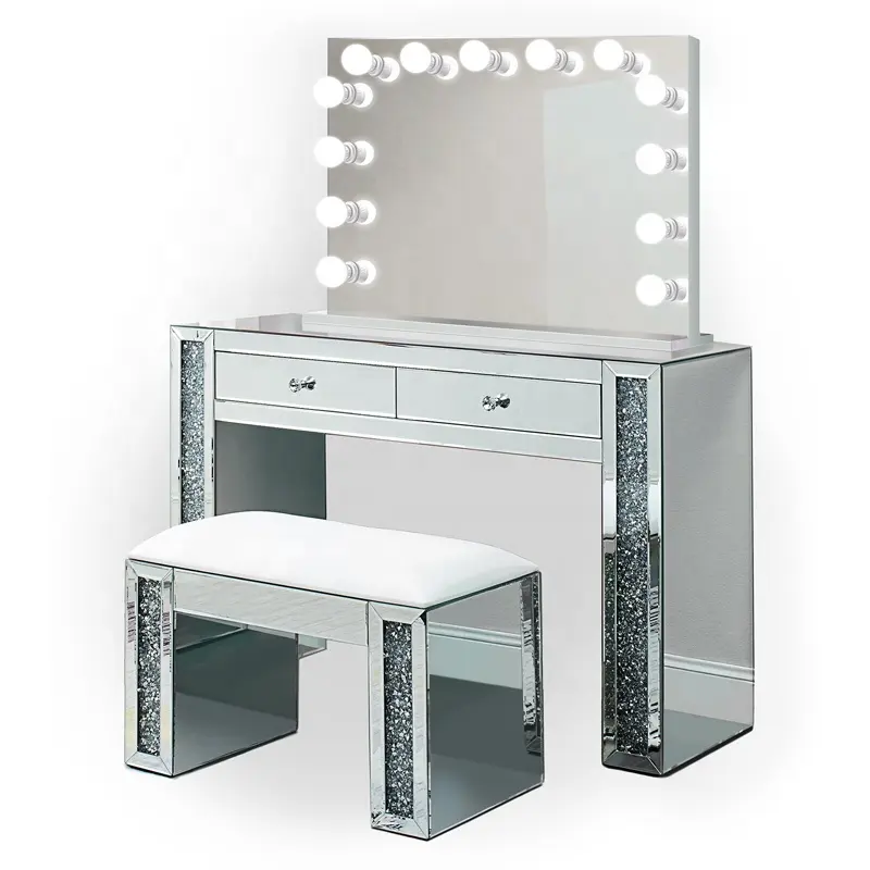 Large crushed diamond crystal glass mirrored LED decor vanity dressing table set for sale