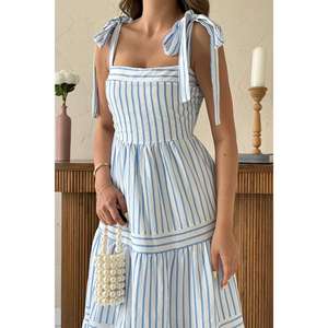 เดรสทรงเอลายทางสีน้ำเงิน เอวสม็อค ไร้สายรัด ระบายอากาศได้ดี ผ้าทอ สวมใส่สบายๆ ทุกวัน - Product Image 2