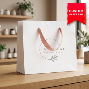 Bolsa de Papel Blanca Personalizada con Asa de Listón, Impresión Offset, Logotipo de Belleza Natural y Orgánica para Empaque de Tienda de Cosméticos - Product Image 1