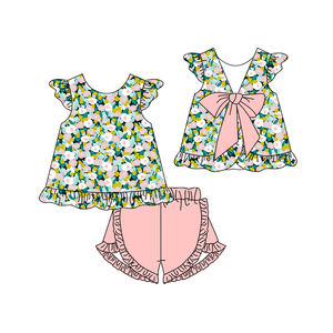 Conjunto Infantil GSSO3606 Personalizado para Niña, Diseño Casual con Estampado de Flores Rosas y Verdes, Mangas Volantes y Lazos, Venta al Por Mayor - Product Image 1