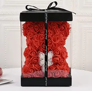 泰迪熊带盒花40厘米25厘米玫瑰情人节泡沫心形红色礼品仿真迷你保存情人节玫瑰熊