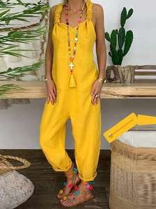Women Casual Solid Dungarees Vintage Cotton Linen Loose Rompers Party Women Casual Long <strong>Harem</strong> Overalls <strong>Jumpsuits</strong> - Product Image 5