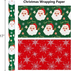 Papier d'emballage de Noël vert réversible avec motif de flocons de neige rouges et de Père Noël, 17 pouces x 32,8 pieds, papier d'emballage pour cadeaux et artisanat - Product Image 4