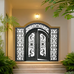 Porta d'Ingresso Doppia <span class=keywords><strong>in</strong></span> Ferro Battuto con Design a Vaso di Fiori e Viti, con Luci Laterali e Traversa, Finitura Effetto Legno - Product Image 3