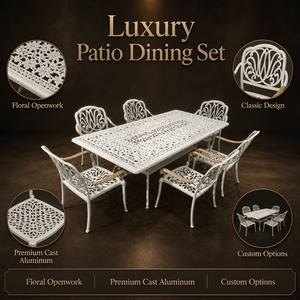<span class=keywords><strong>Table</strong></span> de patio rectangulaire en <span class=keywords><strong>aluminium</strong></span> moulé blanc durable, avec motif floral ajouré, anti-rouille, avec trou pour parasol - Product Image 1