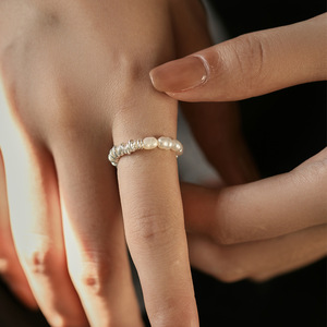 S925 Silver Freshwater Pearl & Crushed Silver <b>Stretch</b> Irregular Baroque Pearl Beaded Elastic <b>Ring</b> for Women - Product Image 3