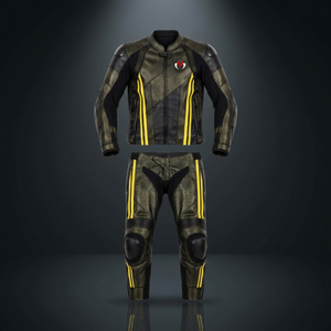 Traje de Motociclismo de Cuero Negro y Amarillo Personalizable con Estampado para Hombre, Chaqueta y Pantalones, Conjunto de Equipo de Protección para Conducir - Product Image 1