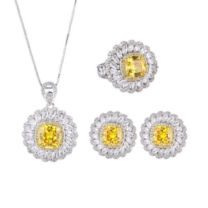 Vintage Fashion Eco-friendly Copper Square Yellow Cubic Zirconia Pendant <b>Earrings</b> Ring <b>Set</b> for Bold Statements - Product Image 1