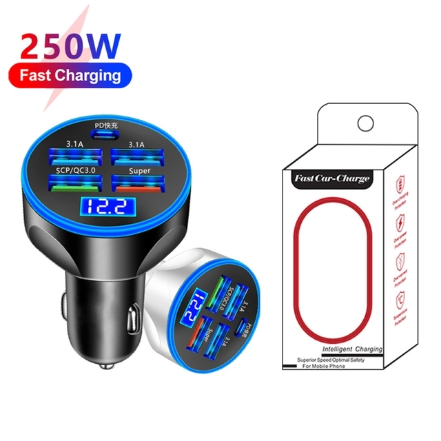 Hot Selling 5 in 1 Digital Display Super Fast Charging Car Charger with Voltmeter  12-32V Charger