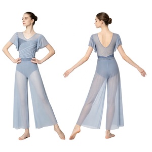 Women Lyrical Dance Costumes <b>Unitard</b> Jumpsuit <b>Mesh</b> Wide Leg Contemporary Overlay Rhinestone Waist for Stage Custom - Product Image 2