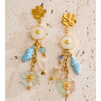 Boucles d'oreilles pendantes JINYOU 7640 en acier inoxydable plaqué or PVD, avec pierres naturelles, émail, coquillages, résine, fleurs et perles, à pampilles