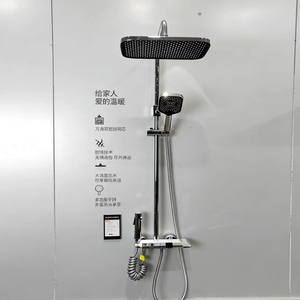 Système de douche mural en acier inoxydable avec barre coulissante, <span class=keywords><strong>mitigeur</strong></span> thermostatique, pommeau de douche carré à jet pluie/jet massant - Product Image 1