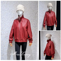 Blouson Bomber Unisexe en Cuir Véritable Tressé Bordeaux à Manches Longues, Fermeture Éclair sur le Devant, Ourlet Côtelé, Poches, Taille Personnalisée, Veste d'Automne
