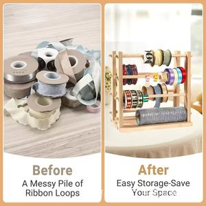 Two rows of wooden ribbon storage racks, wooden ribbon spool supports, <b>washi</b> <b>tape</b> craft room ribbon storage racks - Product Image 2