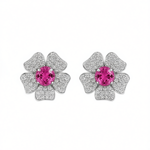 Orecchini a lobo a forma di fiore in argento 925 con pavé di strass in cristallo rosa per donna, da indossare tutti i giorni - Product Image 1