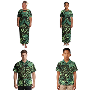 Ensemble de tenues familiales quatre pièces Puletasi Samoan à motif tribal pour les vacances à l'église des îles polynésiennes, chemises décontractées pour <span class=keywords><strong>parents</strong></span> et enfants - Product Image 3