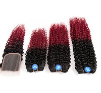 Cheveux Remy humains 1B/BUG # Afro Kinky Curly Bundles de cheveux avec fermeture 16 ''18" 20 "Armure de cheveux synthétiques Double trame