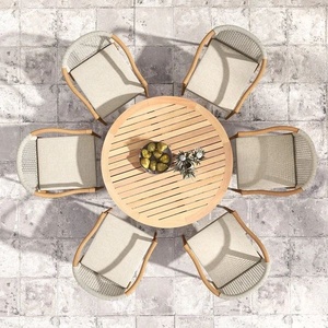 Konkrete natürliche Farbe 7 Stück Teakholz Outdoor Dining <span class=keywords><strong>Set</strong></span> Holz Runder Esstisch mit 6 Holz seils tühlen - Product Image 2
