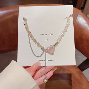 Collar de amor de cristal rosa de acero de titanio, nicho de lujo ligero de alta calidad, con costuras - Product Image 6