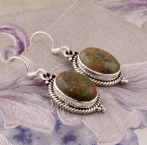 Pendientes de aro con borde ovalado de Unakite Vintage de Plata de Ley 925 de alta calidad, piedras preciosas minimalistas para mujer - Product Image 2