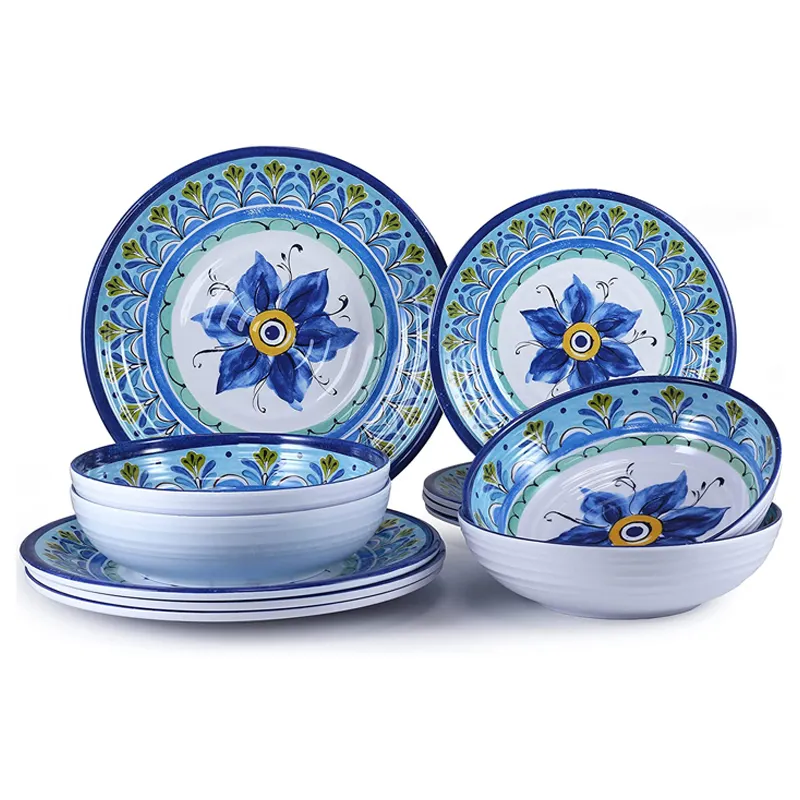 Geschirrspüler sicher BPA-frei blaues Blumen-Design 12-teiliges Teller und Schalen-Melamin-Geschirr-Set für 4 Camping-Geschirr