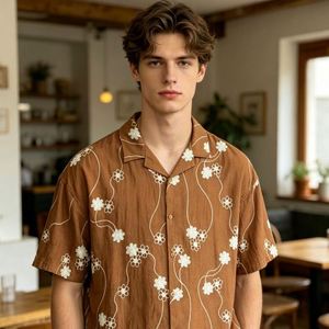 Camisa Casual de Lino/Algodón Marrón para Hombre, con Bordado Floral Jacquard, Tejido Transpirable de Secado Rápido para Verano, Superventas - Product Image 4