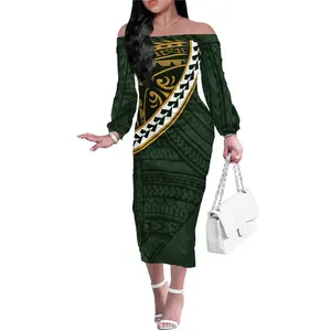 Großhandel zum Verkauf Trend ing Green Langarm Off Shoulder Enger Rock Polynesian Print Flexible Stoffe Formelle Anlässe Kleid