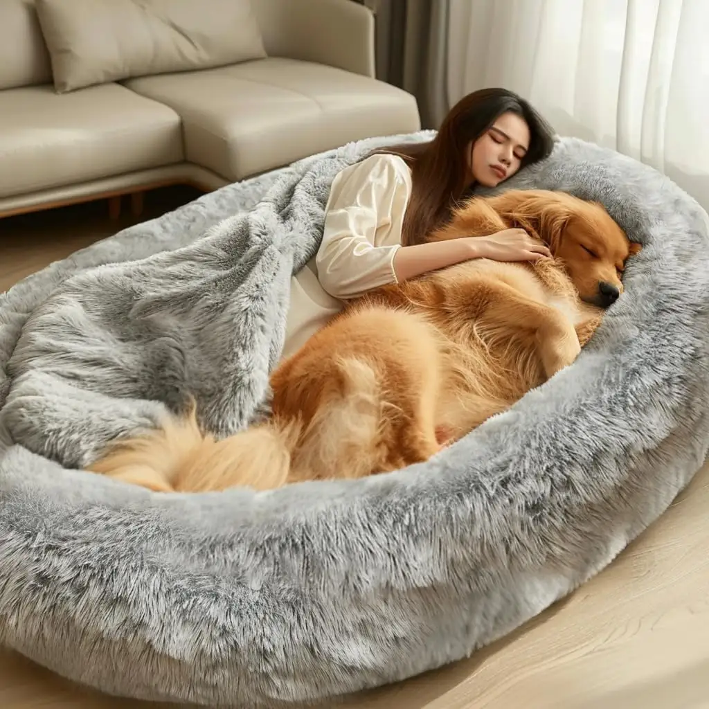 Adult sized long Plufl Dog Bed For Human calming washable Giant Human Dog Cave Bed for human Anti-slip Bed bottom dog bedding