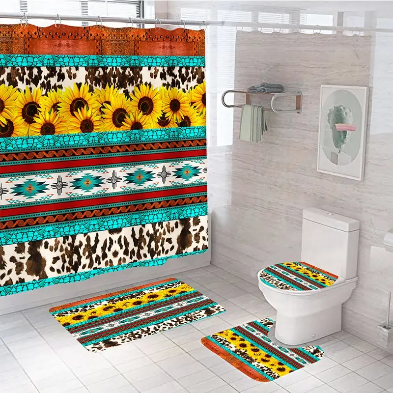 Custom print polyester fabric waterproof bathroom rug mat bohe christmas shower curtain sets 4 piece