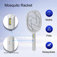 Raquette anti-moustiques électrique rechargeable à 3 couches de mailles avec lumière LED COB 1W, 3000V, piège à mouches portable, exterminateur d'insectes