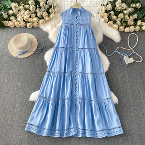 Abiti senza maniche con colletto intagliato <span class=keywords><strong>blu</strong></span> vento monopetto francese monopetto da donna - Product Image 4