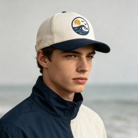 Casquette de baseball réglable à six panneaux, style 'Dad Cap', bicolore, avec motif circulaire de paysage marin (coucher de soleil, vagues, oiseaux), personnalisable ODM, pour voyages en bord de mer et surf