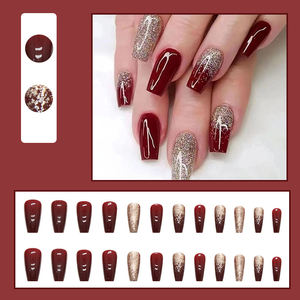 <span class=keywords><strong>Faux</strong></span> <span class=keywords><strong>ongles</strong></span> de mariée français <span class=keywords><strong>bordeaux</strong></span> scintillants dorés, couvrance totale, en plastique, longue durée, pour les fêtes - Product Image 3