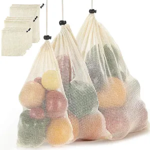 Zero aste 100% bolsa de armazenamento eco-amigável, bolsa reutilizável de algodão de malha de vegetais, sacos de cordão