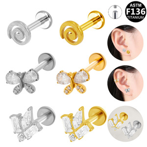 Titanium Plated Butterfly Stud <b>Earrings</b> With Zircon For Ear Cartilage Piercing Unisex Jewelry ASTM F136 Titanium - Product Image 1