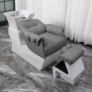 Moderno Lavacabezas para Barbería con Silla, Sistema de Lavado Semi-Reclinable, Lavabo de Cerámica, Estructura Metálica y Tapicería de Cuero - Product Image 2