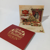 Nouvelle conception de cadeaux de Noël en papier, artisanat 3D, arbre de Noël, maison de neige, carte de vœux pliée avec lettres dorées estampées, rouge